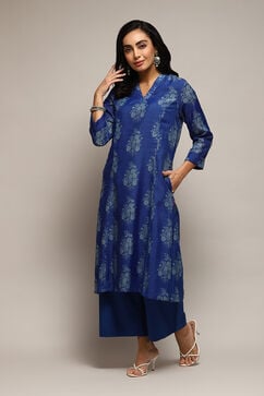 Royal Blue Polyester A-Line Printed Kurta Palazzo Suit Set image number 3