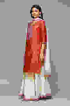 Red & Off White Cotton Blend Straight Kurta Suit Set image number 5
