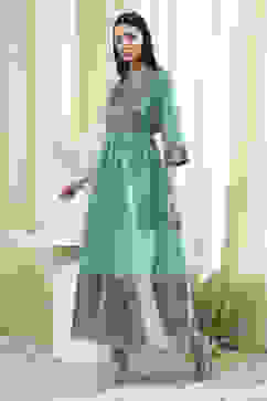 Turquoise Yarn-Dyed Flared Kurta image number 2