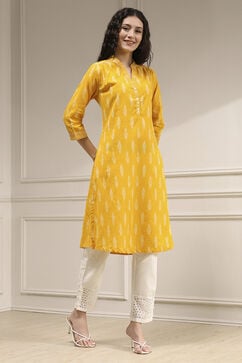 Yellow Cotton Straight Yarndyed Kurta image number 4