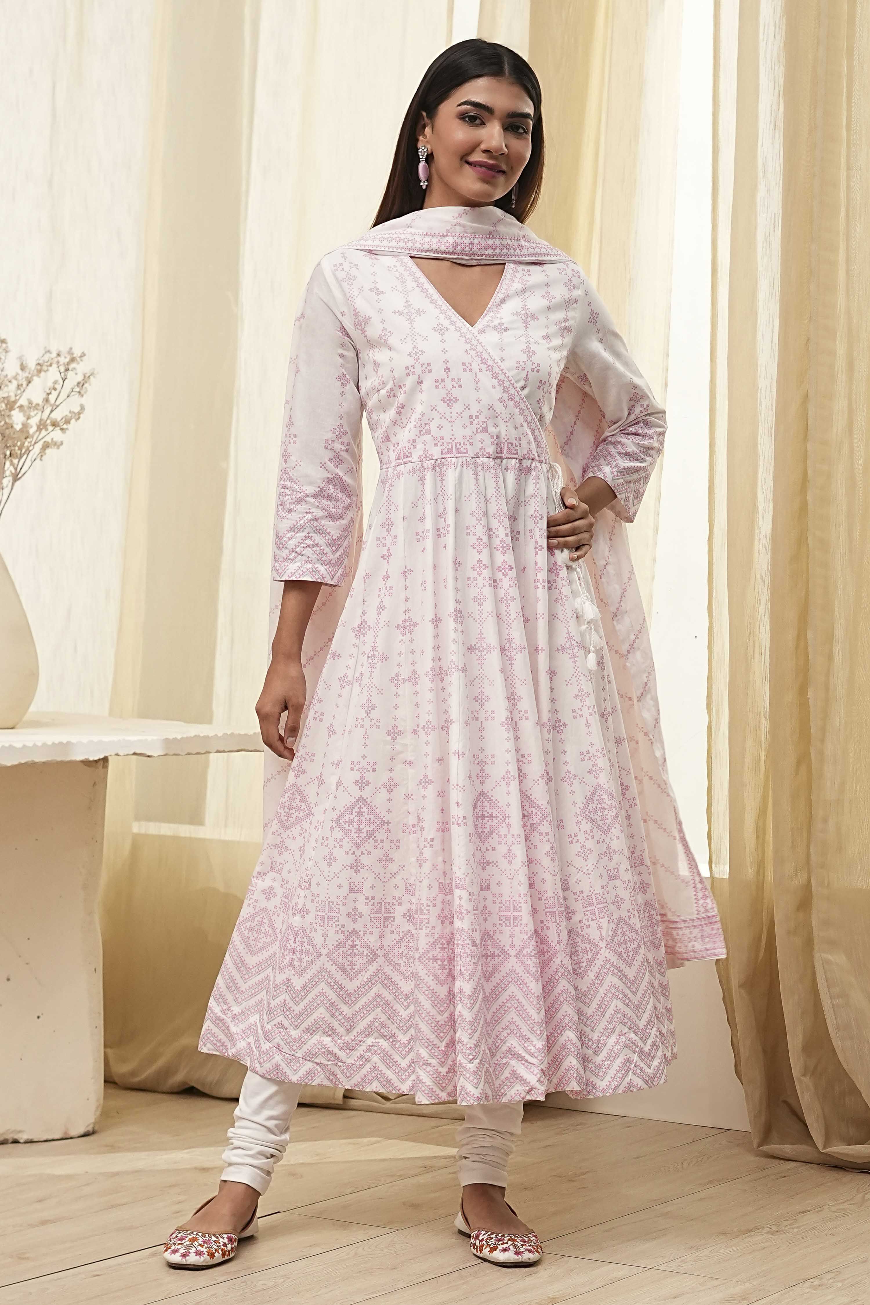 Off-White and Pink Cotton Anarkali Suit Set image number 6