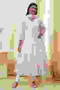 Off-White and Pink Cotton Anarkali Suit Set image number 6