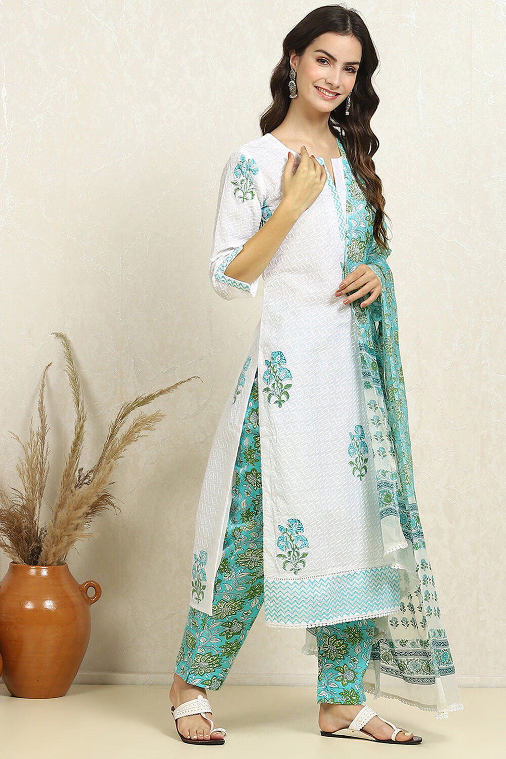 White and Pink Cotton Floral Hand Block Unstitched Suit Set image number 6