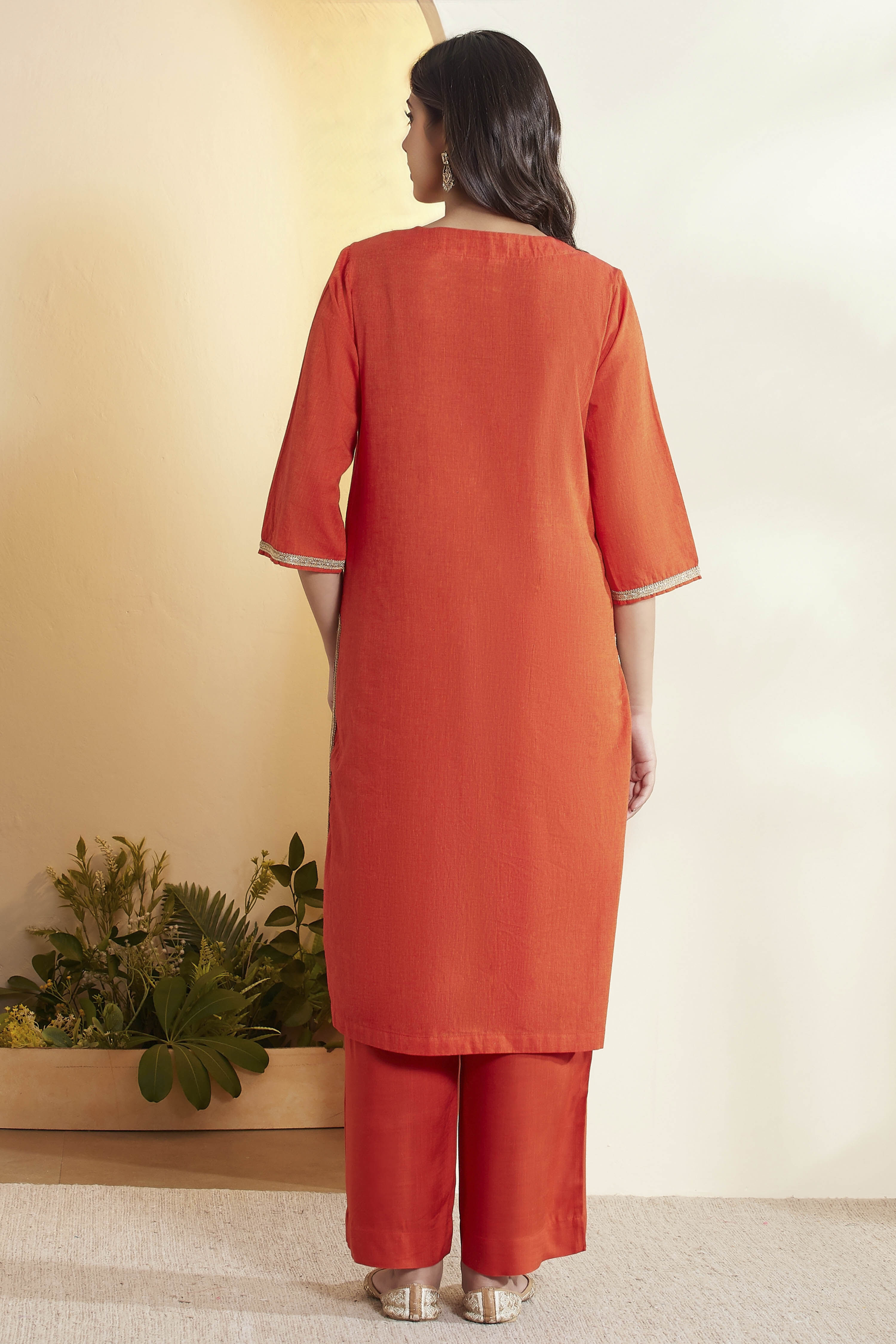 Rust Cotton Yoke Design Straight Kurta Set image number 6
