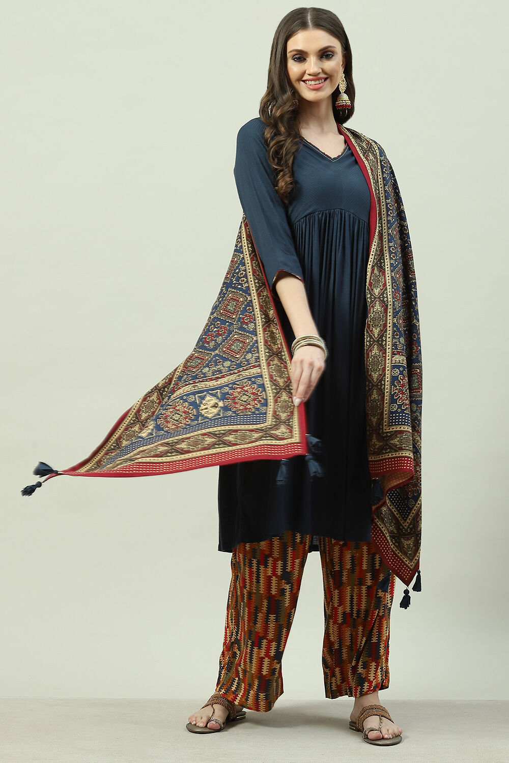 Navy LIVA A-Line Kurta Palazzo Suit Set image number 0