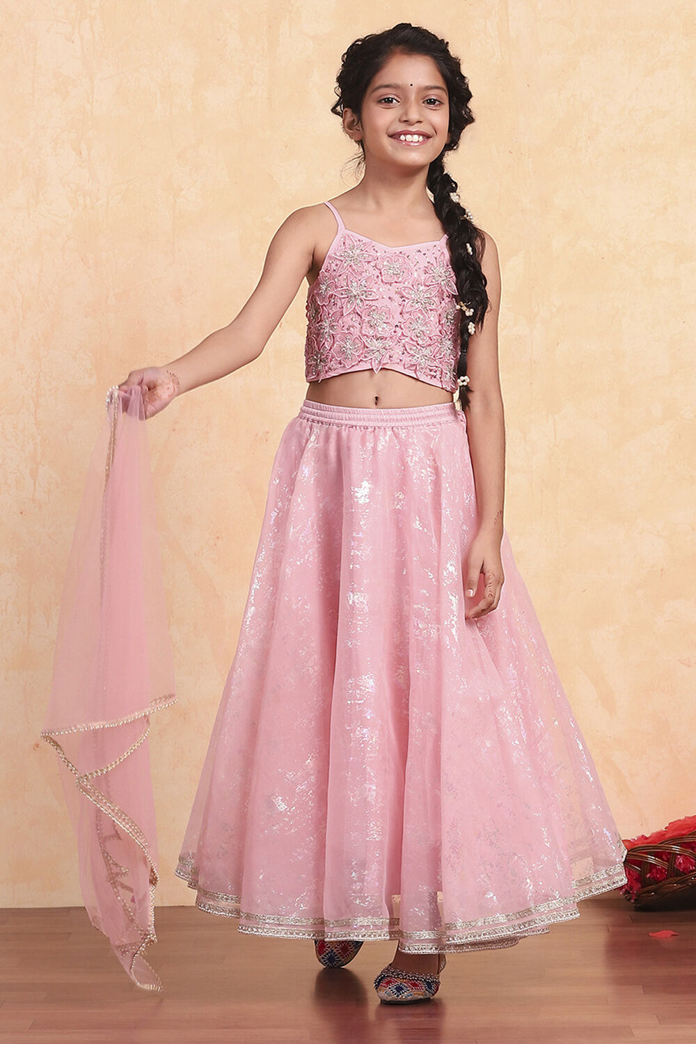 Pastel Pink Shantoon Blouse Lehenga Set image number 6