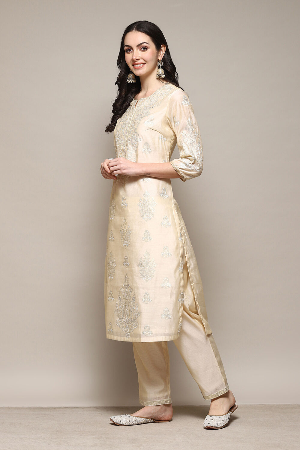 Off White Polyester Straight Printed 2 Piece Set image number 3