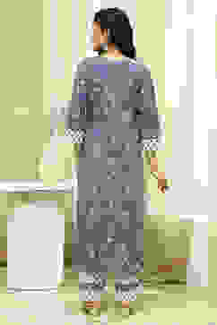 Blue and White Cotton Screen Print Unstitched Suit Set image number 6