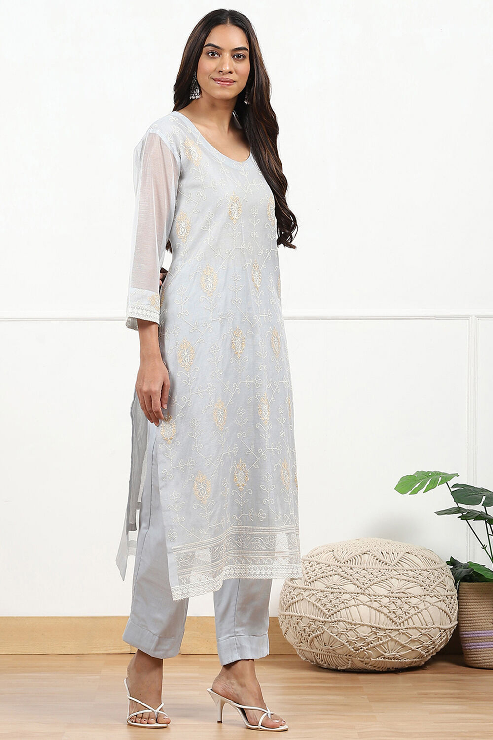 Grey Machine Embroidered Unstitched Suit Set image number 3