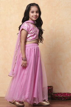 Pink Poly Chanderi Floral Festive Flared Lehenga Set image number 5
