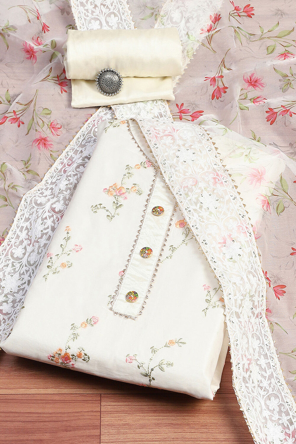 Off-white Chanderi Floral Embroidered Unstitched Suit Set image number 0