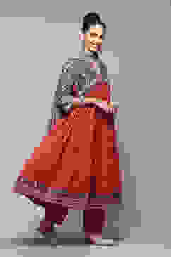 Green & Maroon Cotton Anarkali Kurta Relaxed Salwar Suit Set image number 6