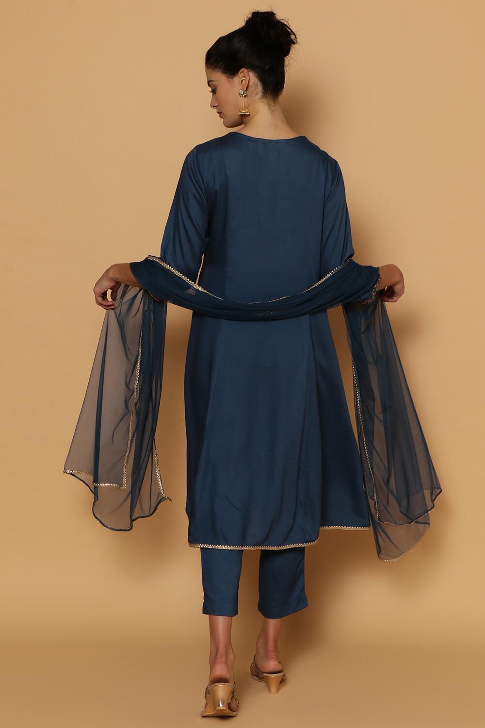 Blue Rayon Kalidar Kurta Pants Suit Set image number 2