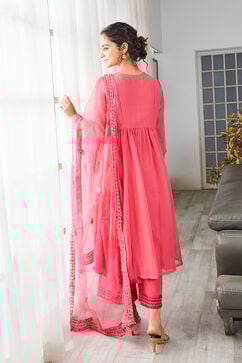 Pink Embroidered Gathered Kurta & Palazzo Suit Set image number 4