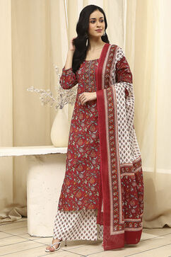 Brown and White Cotton Screen Print Unstitched Suit Set image number 8
