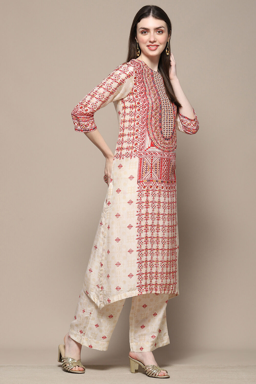 Beige Rayon Asymmetric Kurta & Palazzo Suit Set image number 5