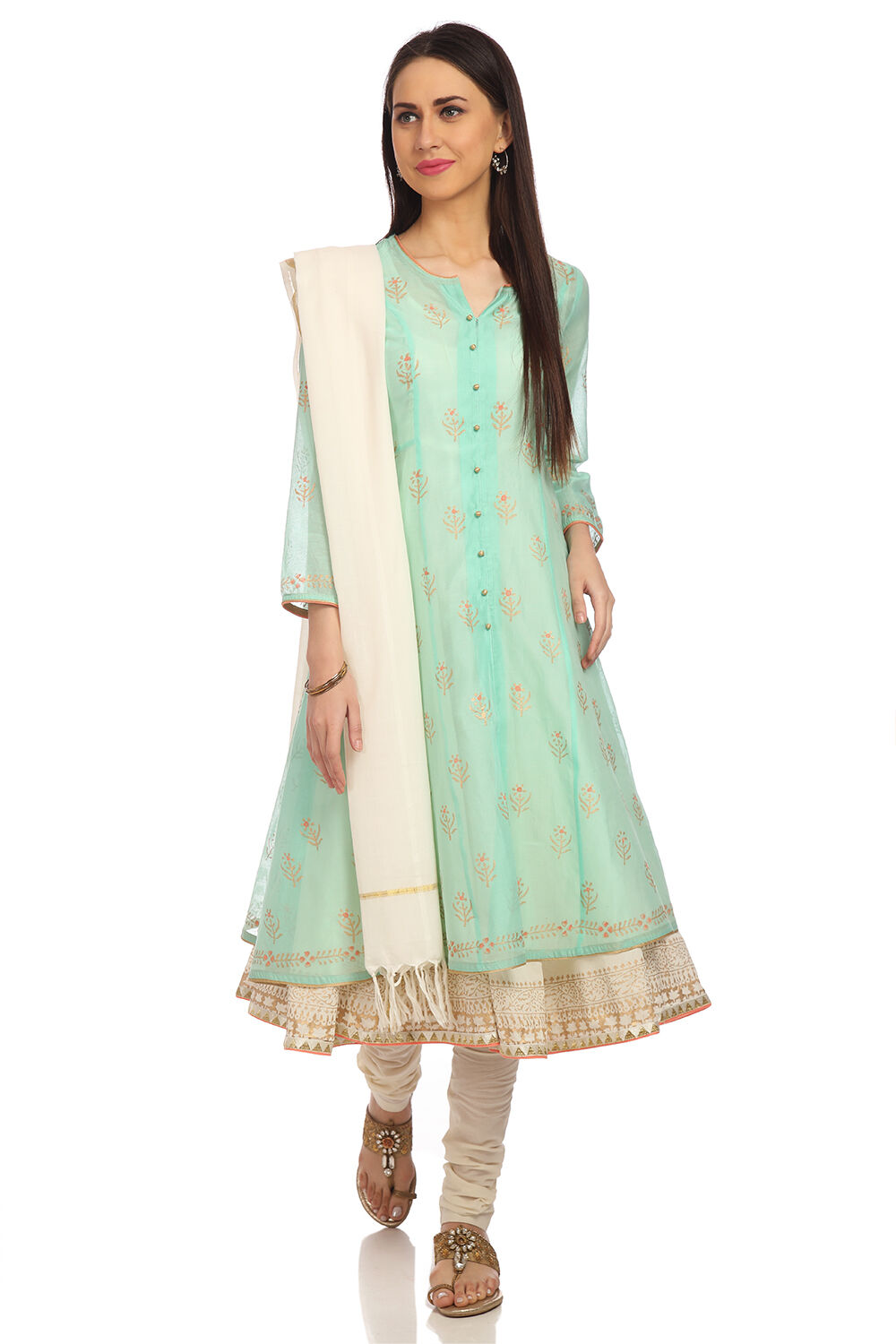 Aqua Front Open Cotton Kurta Churidar Suit Set image number 0