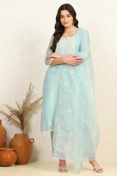 Teal Chanderi Unstitched Suit Set image number 7
