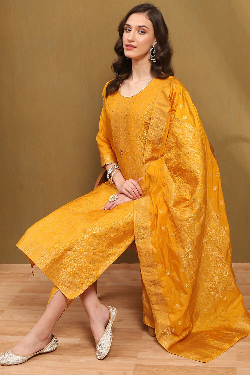 Mustard Yellow Silk Blend Woven Unstitched Suit Set image number 5