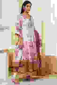 Ecru Cotton Printed Anarkali Suit Set image number 5