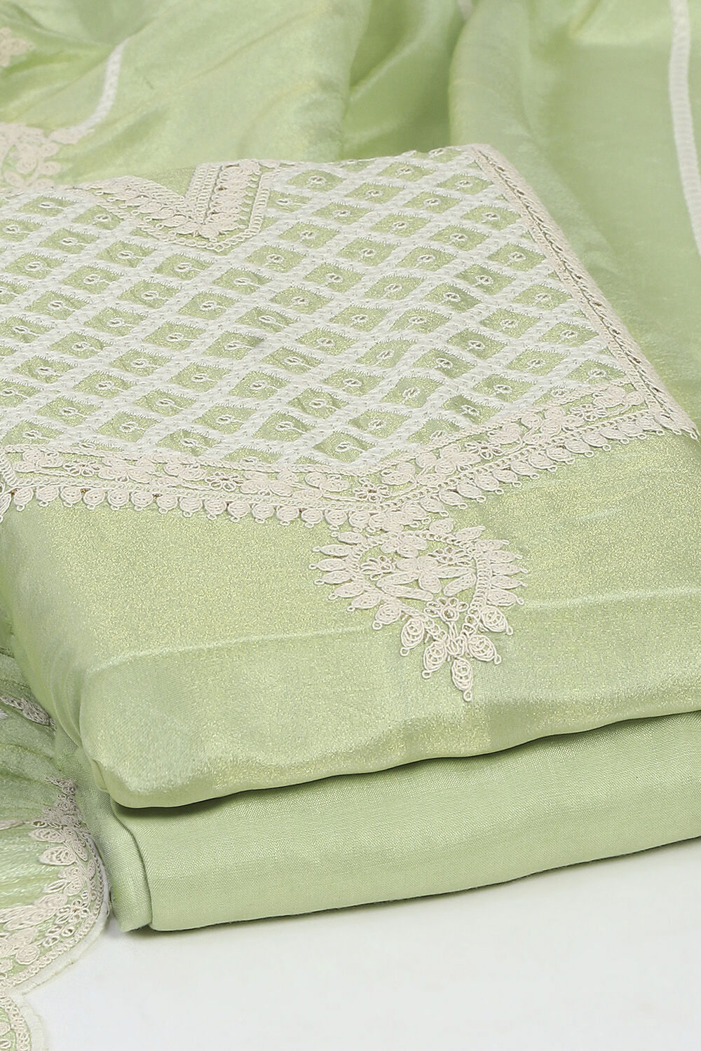 Green Tissue Machine Embroidered Unstitched Suit Set image number 5