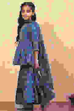 Blue Cotton Floral Printed Peplum Flared Suit Set image number 3