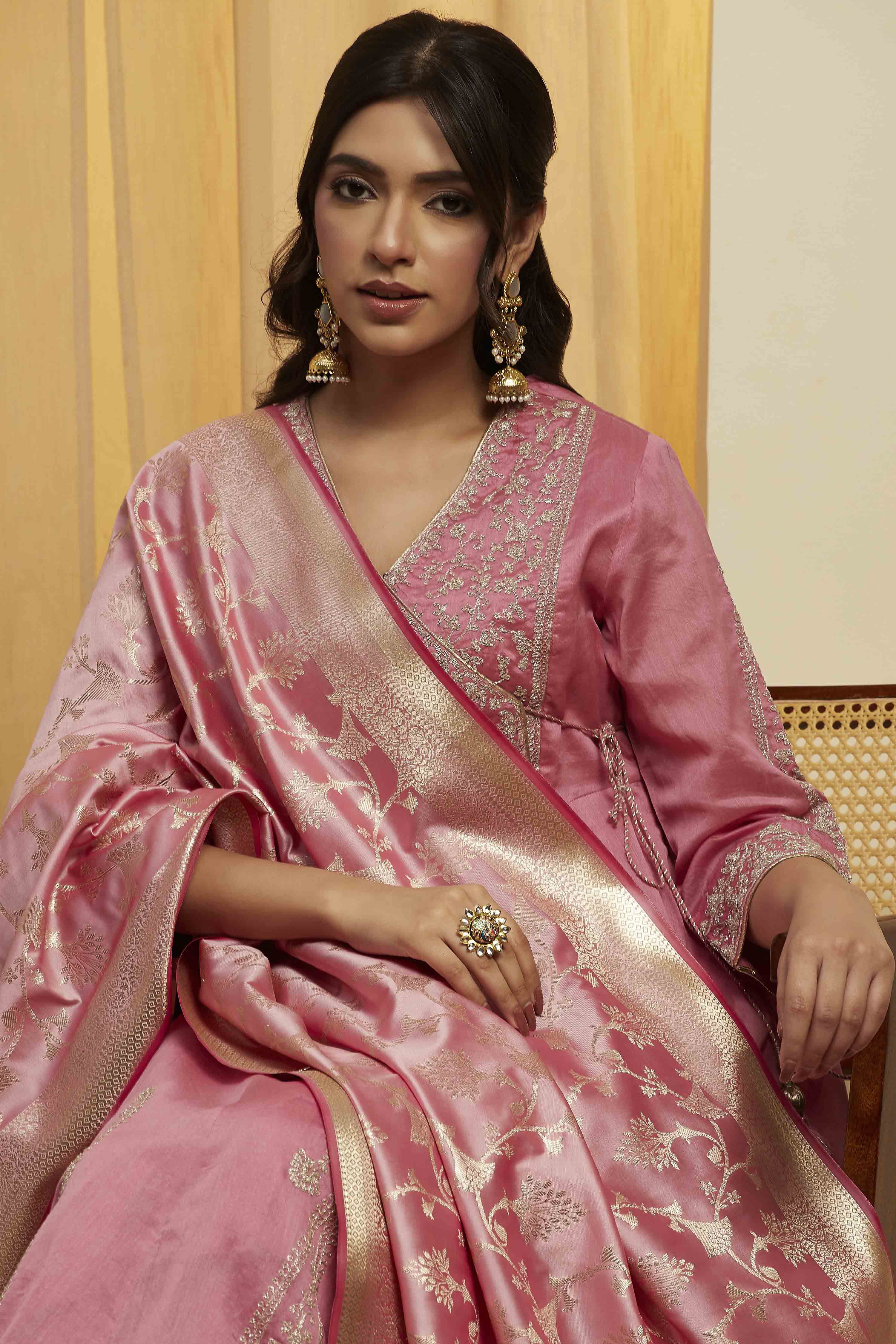 Pink Floral Design Kattan Silk Dupatta image number 1