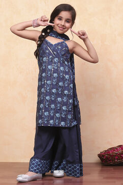 Indigo Cotton Floral Mirror Work Straight Suit Set image number 6