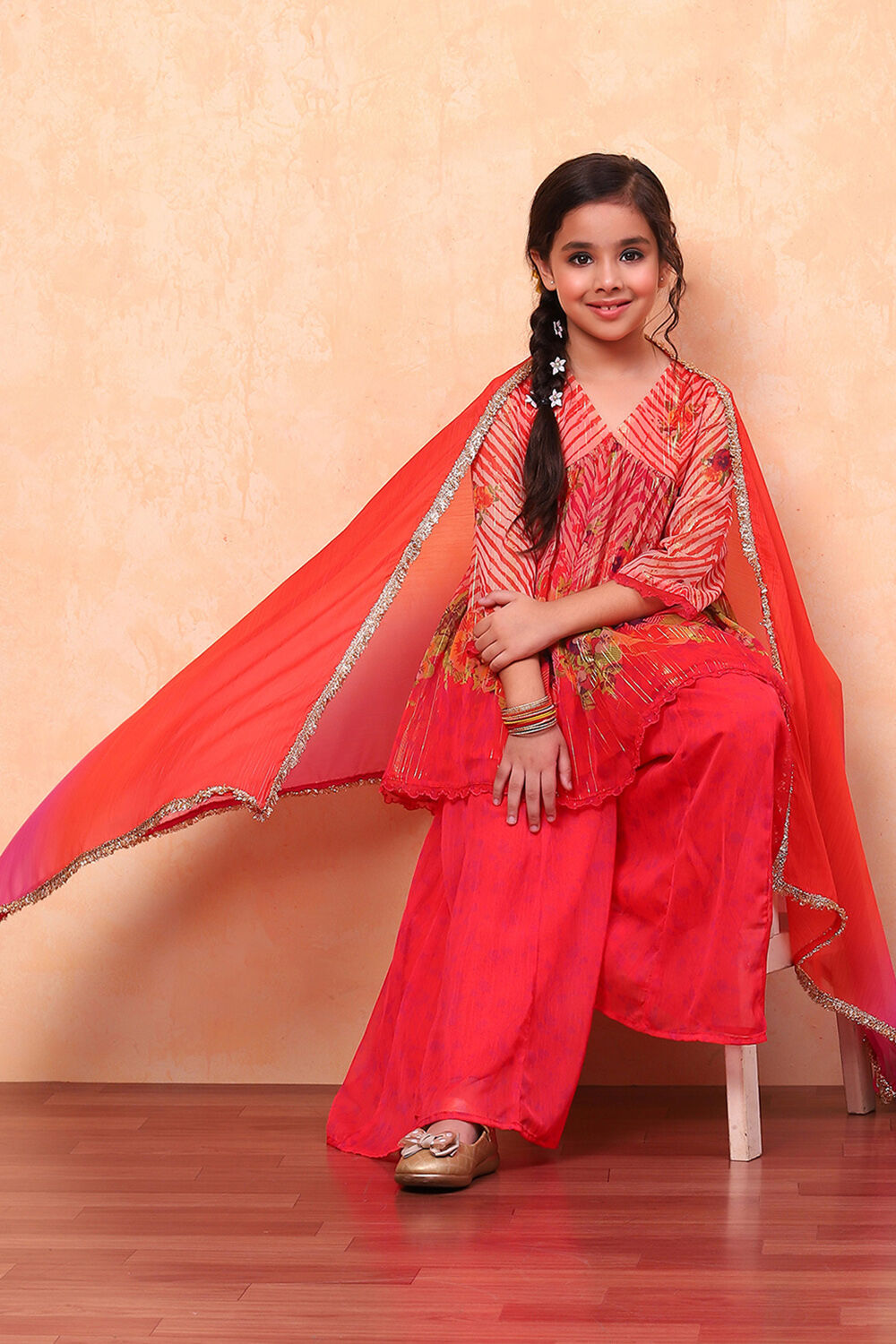 Coral Chiffon Floral Printed Festive Gathered Suit Set image number 6