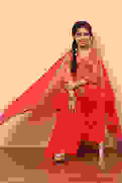 Coral Chiffon Floral Printed Festive Gathered Suit Set image number 6