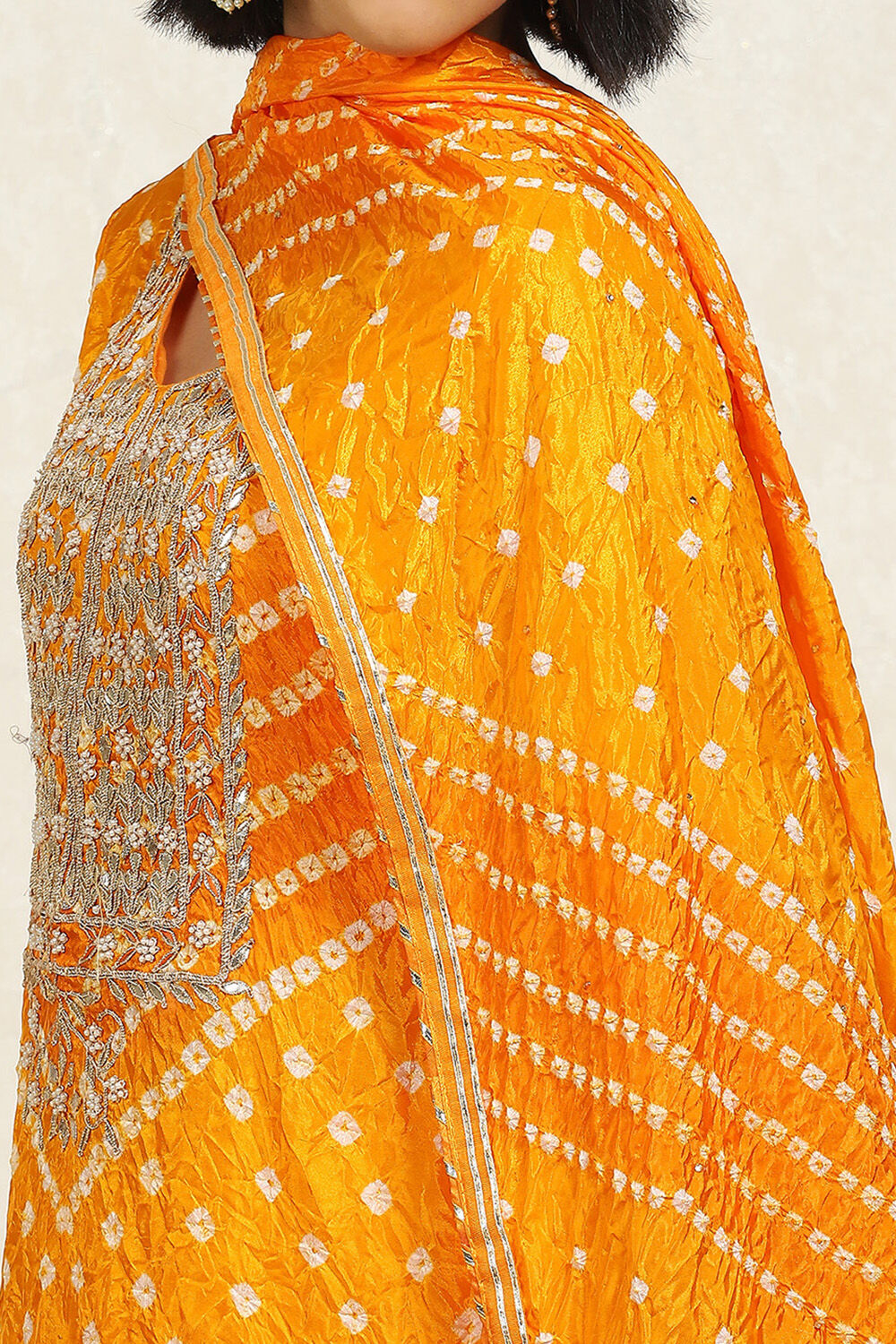 Orange Silk Blend Bandhej Crinkled Unstitched Suit Set image number 2