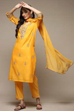 Yellow Cotton Blend Straight Kurta Pants Suit Set image number 5