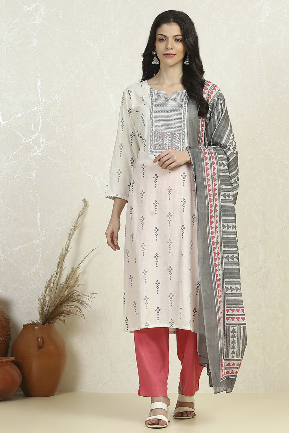 Grey Cotton Printed Embroidered Unstitched Suit Set image number 7