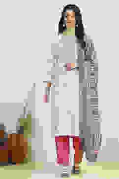 Grey Cotton Printed Embroidered Unstitched Suit Set image number 7