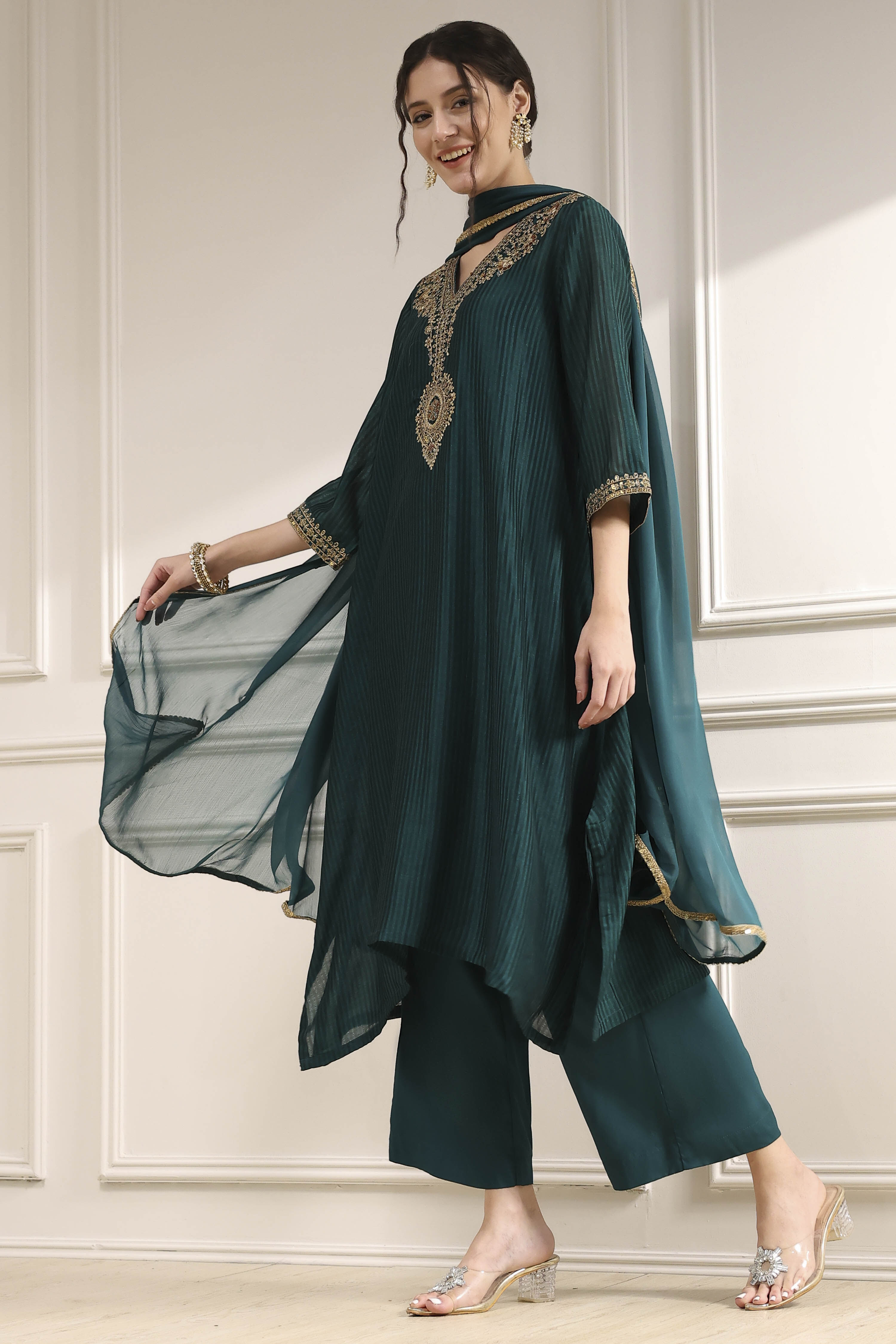 Green Striped Straight Suit Set image number 3