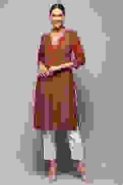 Rust Printed Regular Fit Straight Kurta image number 6