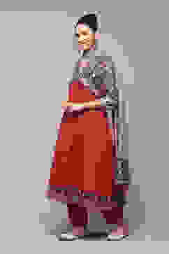 Green & Maroon Cotton Anarkali Kurta Relaxed Salwar Suit Set image number 5