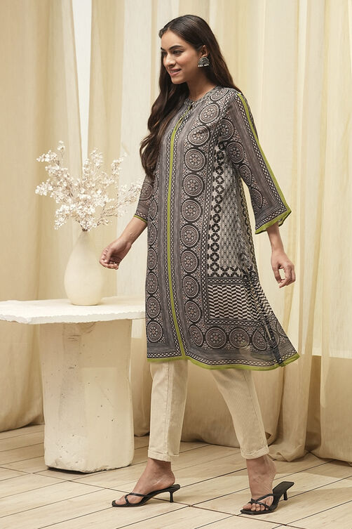 Black Polyester Straight Printed Kurta image number 2
