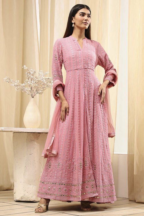 Powder Pink Viscose Front Open Suit Set image number 6