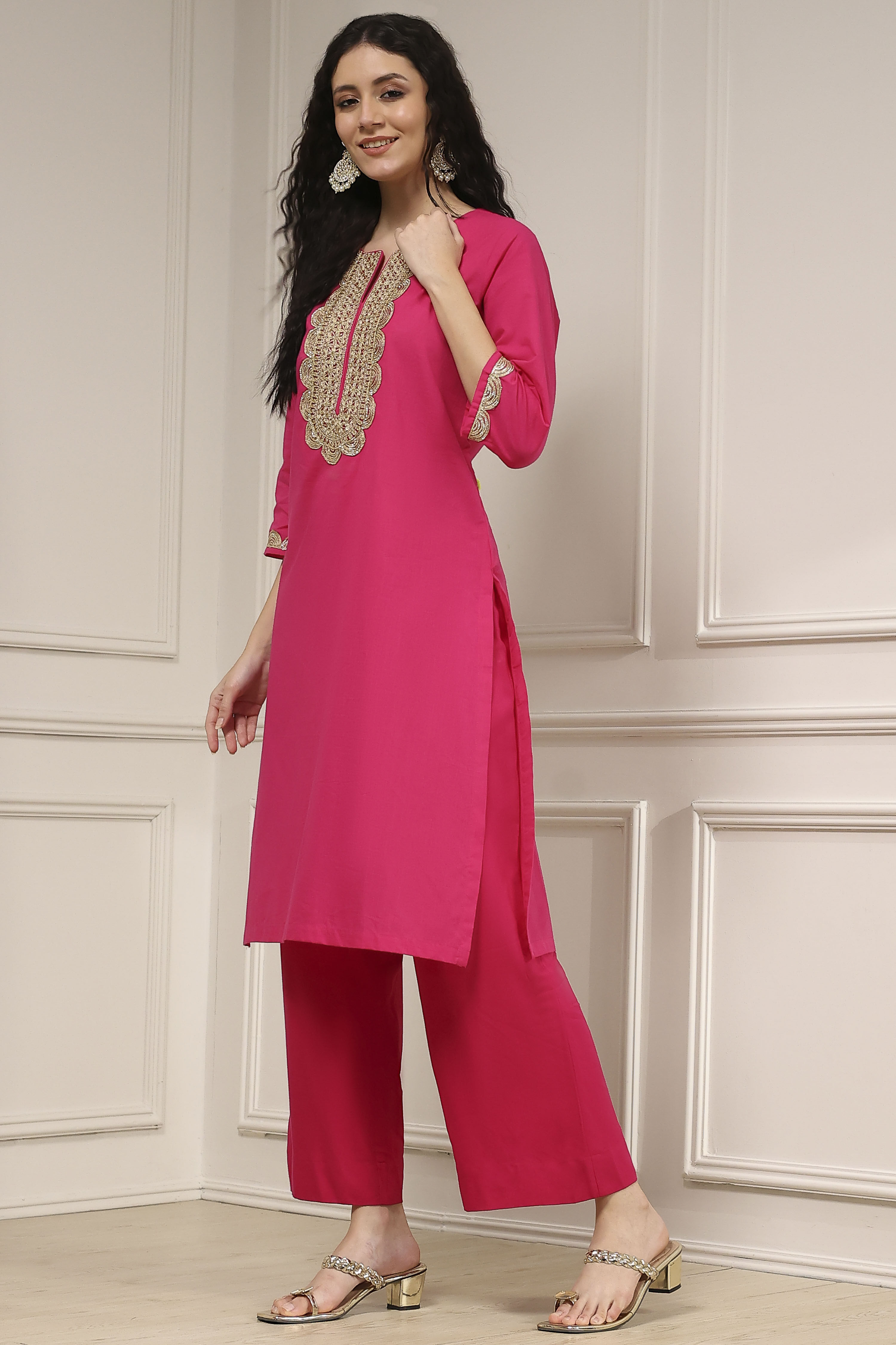 Fuchsia Cotton Solid Straight Kurta image number 3