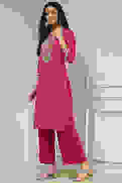 Fuchsia Cotton Solid Straight Kurta image number 3