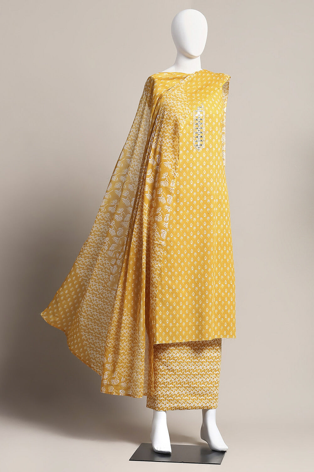 Mustard Yellow Cotton Printed Unstitched Suit Set image number 0