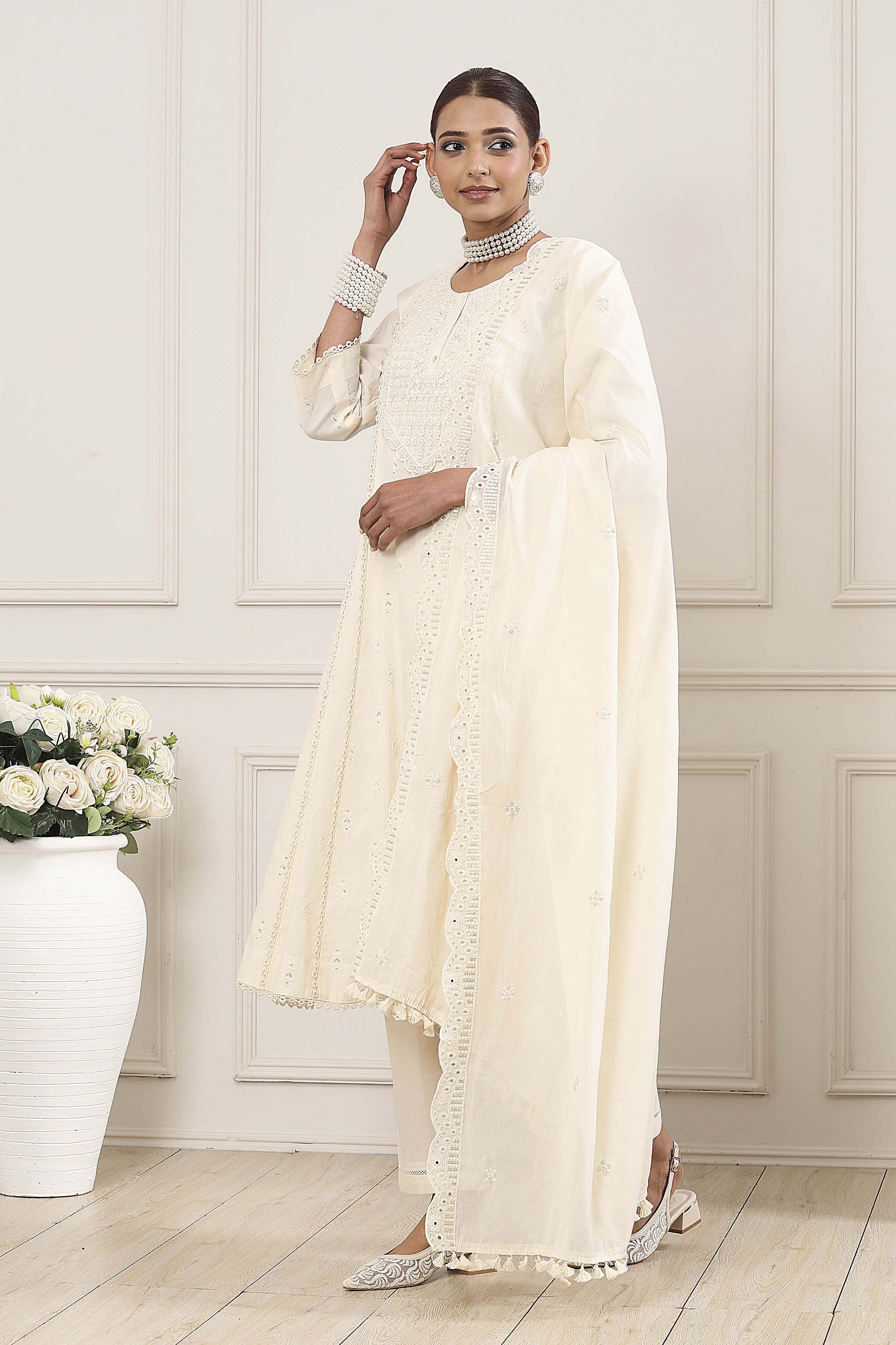 Ecru Cotton Embroidered Kalidar Suit Set image number 3