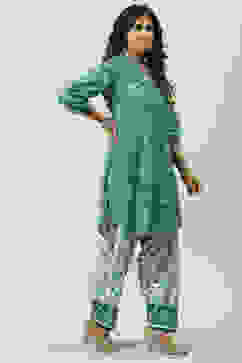 Teal Blue Cotton Straight Kurta Relaxed Salwar Suit Set image number 5