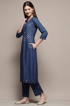 Indigo Rayon Straight Kurta Pant Suit Set image number 3
