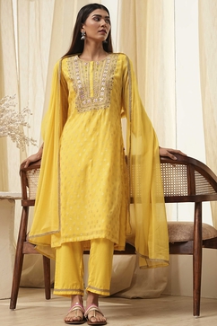 Yellow Embroidered Straight Suit Set image number 0