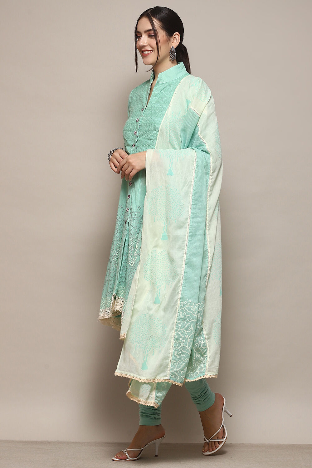 Turquoise Cotton Anarkali Solid Kurta Churidar Suit Set image number 4