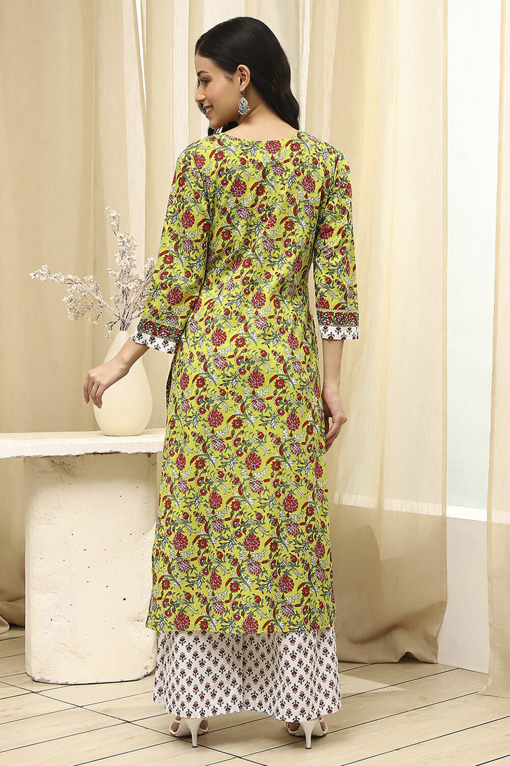 Lime Green and White Cotton Screen Print Unstitched Suit Set image number 6