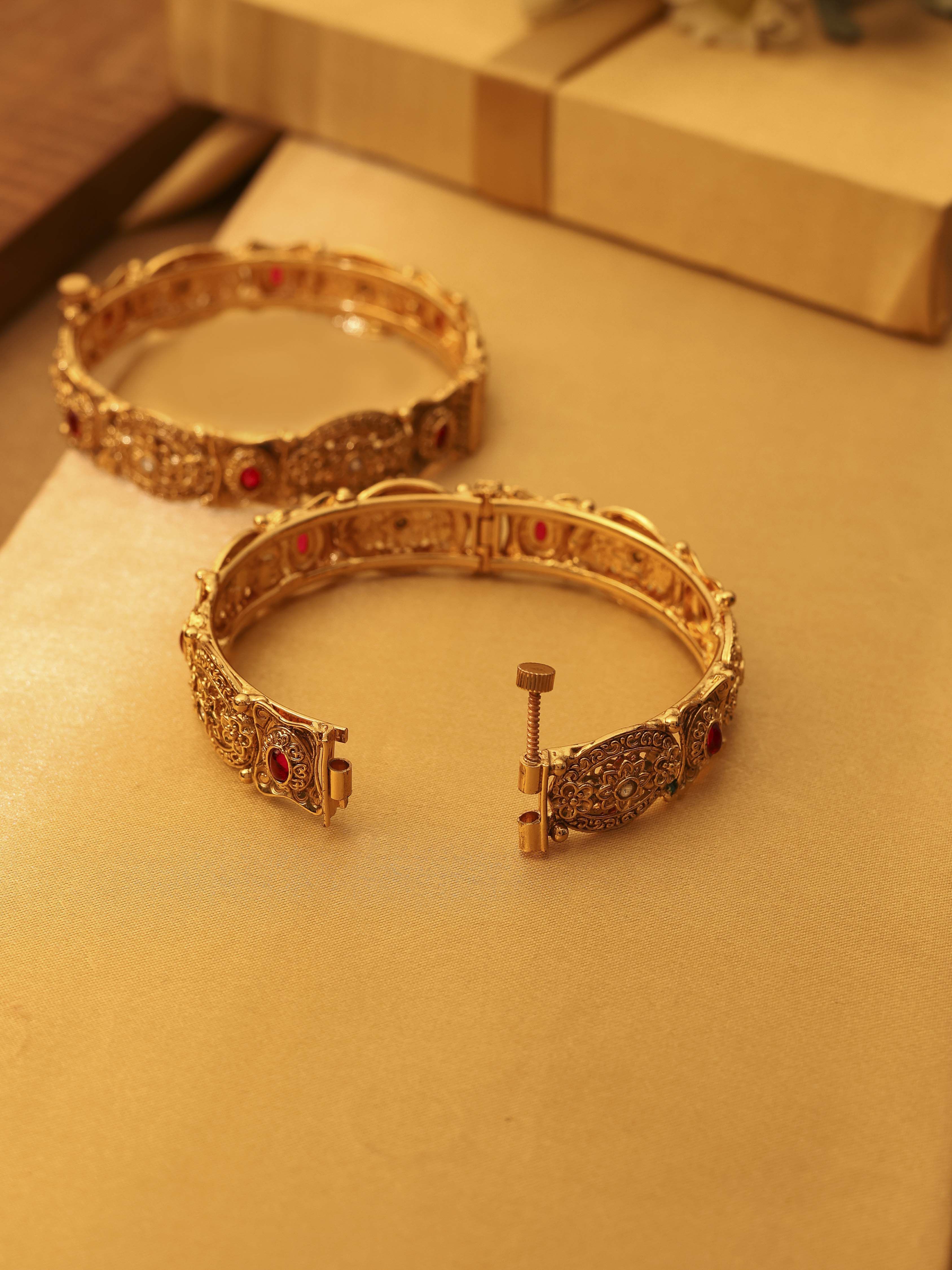 Red Gold Plated Textured Brass Bangles image number 2