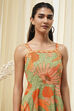 Green Cotton Blend Floral Printed Flared Dress image number 1